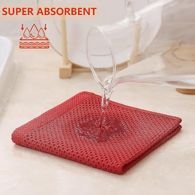 Kitinjoy 100% Cotton Kitchen Dish Cloths (12 X 12 Inches, Brick Red), 8 Pack Waffle Weave Ultra Soft Absorbent Dish Towels for Drying Dishes Quick Drying Kitchen Towels Dish Rags