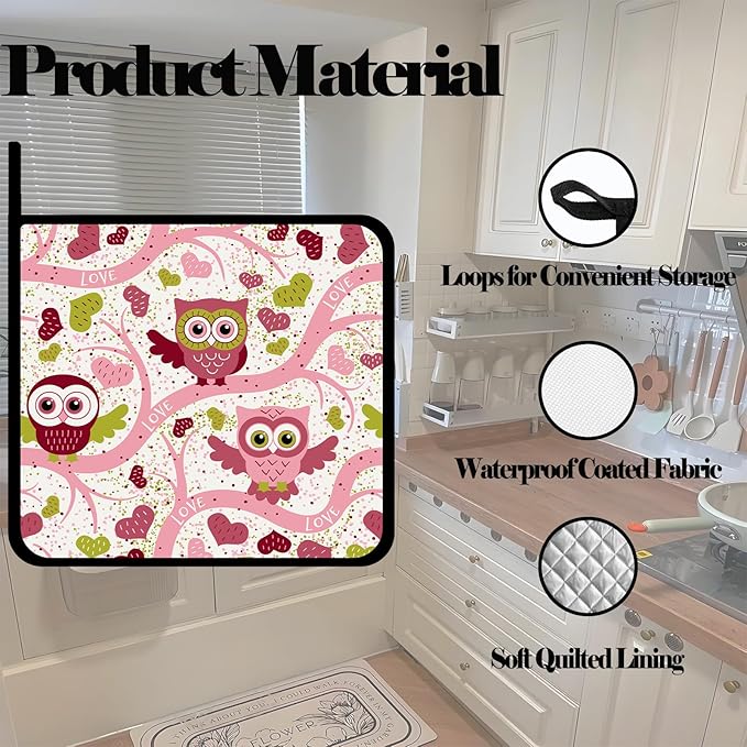 Owl Heart Pot Holders 2 PCS,Pink Branch Kitchen Heat Resistant Hot Pads for Cooking Grilling Baking BBQ, Pot Holders for Women Cook Home Microwave