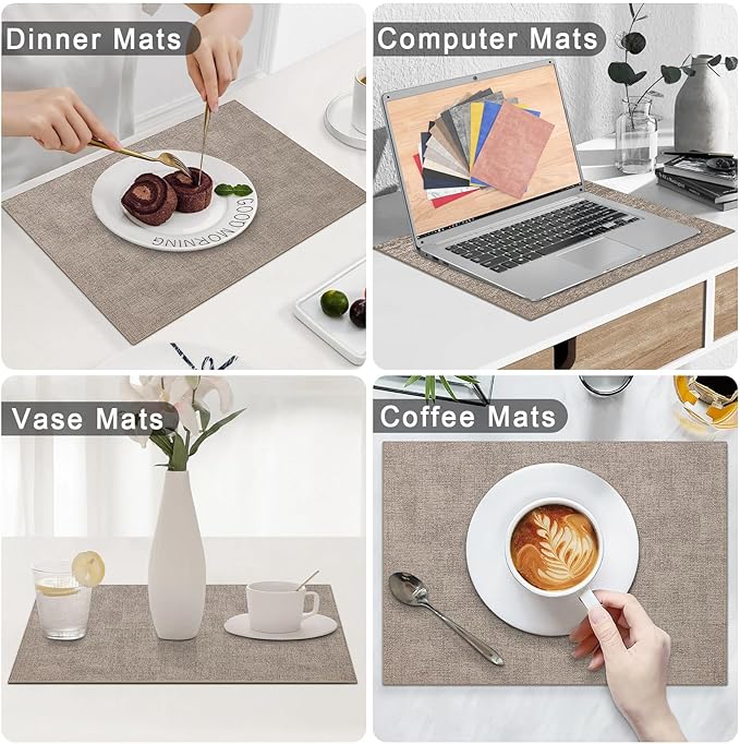 Homaxy Faux Leather Heat Resistant Placemats for Dining Table Set of 8, Waterproof Wipeable Washable PU Table Mats, Easy to Clean Anti-Slip Place Mats, 11.8" x 17", Light Brown
