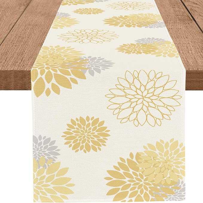 Yellow Gray Table Runner Dahlia Pinnata Flower Beige Table Runners Modern Elegant Pompon Farmhouse Geometric Table Center Decor for Home Dining Party Entrance (13 x 36 Inch)