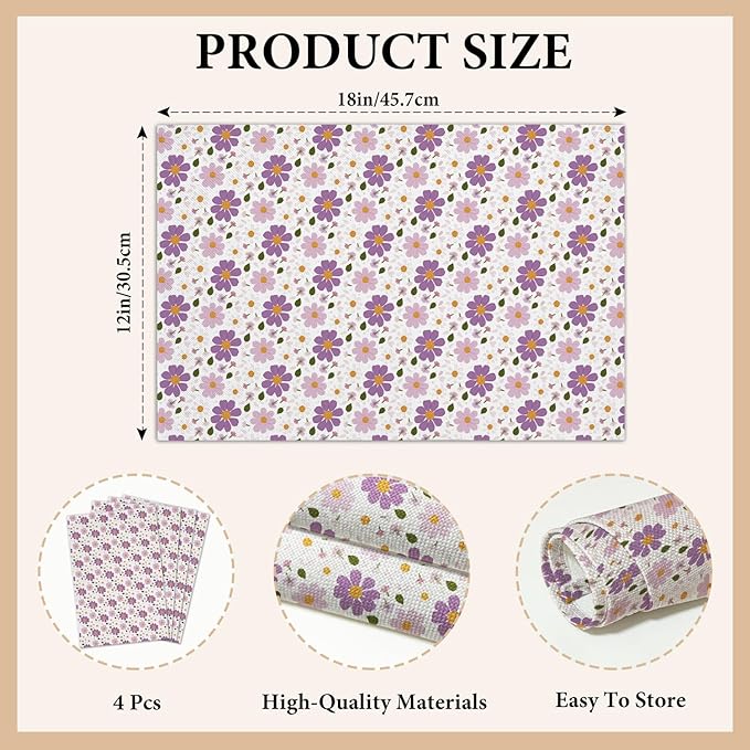 Cotton Linen Waterproof Placemats Set of 4, Purple Floral Dining Mat Table Mats Decor Fabric for Kitchen Dinner Coffee Shop Table, Outdoor/Indoor Washable Wipeable Placemat -N031