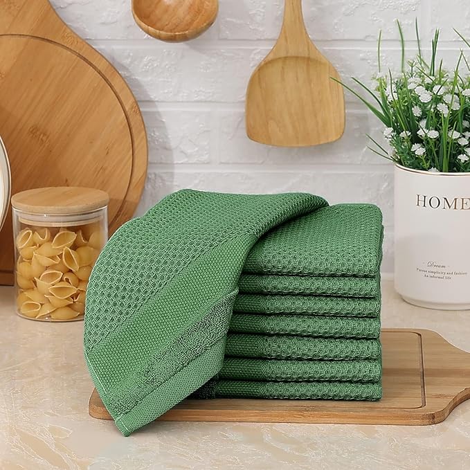 Homaxy 100% Cotton Dish Cloths, 8 Pack - 12 x 12 Inches, Waffle Weave Super Soft and Absorbent Dish Towels Quick Drying Dishcloths, Grass Green