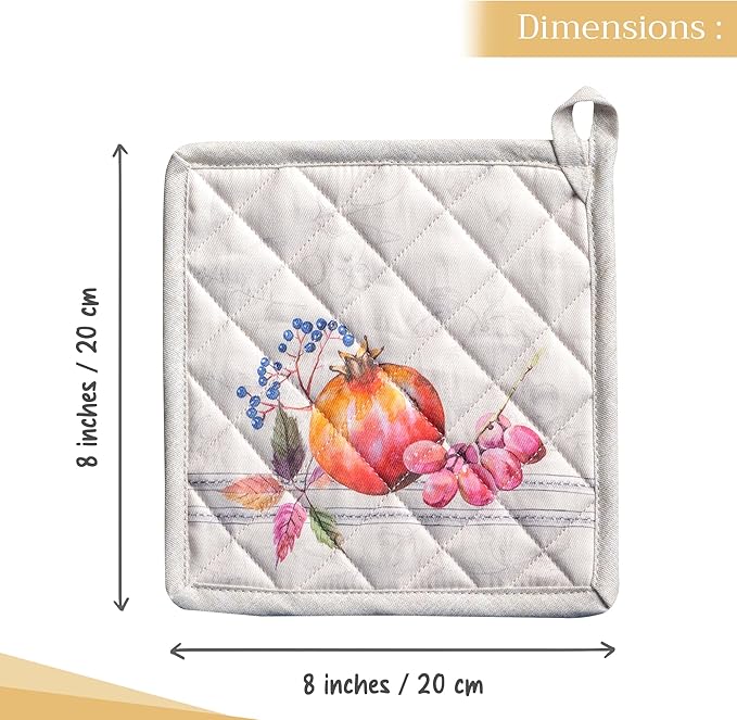 Maison d' Hermine Pot Holders Set 100% Cotton Heat Resistant Potholders 8" x 8" Hot Pads with Loop for Thanksgiving Christmas Decorations BBQ Baking Handling Hot Pans (Pack of 2, Fruit D'Hiver)