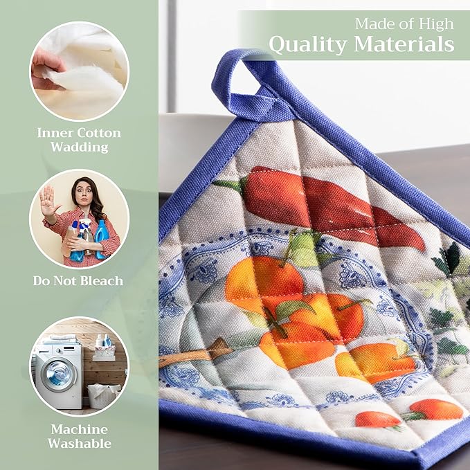 Maison d' Hermine Pot Holders 100% Cotton Heat Resistant Potholders 8" x 8" Hot Pads with Loop BBQ Cooking Baking Gifts for Mothers Day Handling Hot Pans Spring/Summer (Pack of 2, Gourmand)