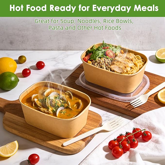 50-Pack 35oz Disposable Meal Prep Containers【with Lids and Forks】, Compostable Kraft Paper Bowls To Go Food Containers, Microwave & Freezer Safe for Hot & Cold Foods