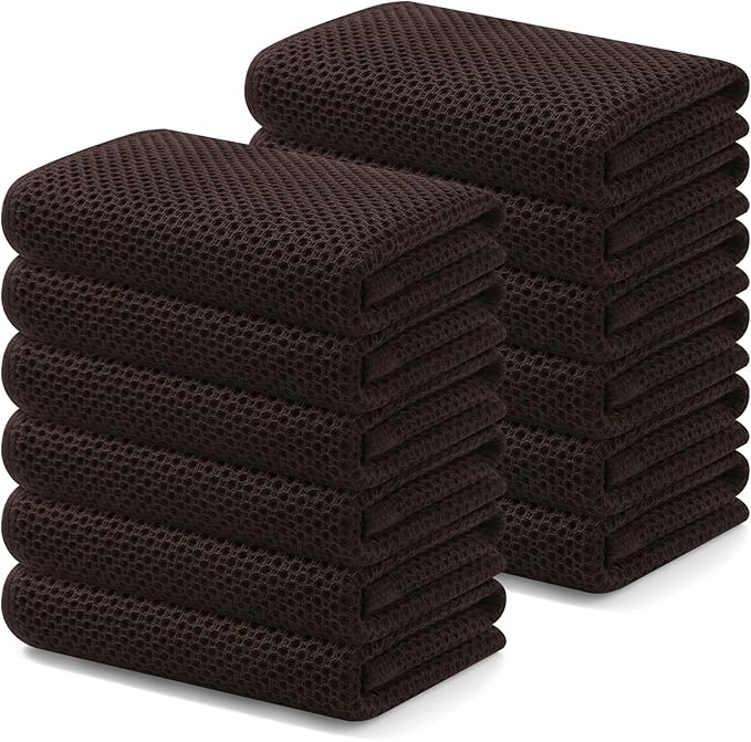 Kitinjoy 100% Cotton Waffle Weave Kitchen Hand Towels (13 X 28 Inches, Dark Brown), 12-Pack Super Soft and Absorbent Dish Towel for Drying Dishes