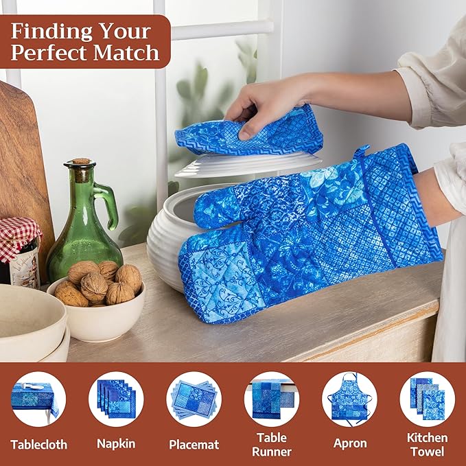 Maison d' Hermine Pot Holders 100% Cotton Heat Resistant Potholders 8" x 8" Hot Pads with Loop BBQ Cooking Baking Gifts for Mothers Day Handling Hot Pans Spring/Summer (Pack of 1, Indigo Love)