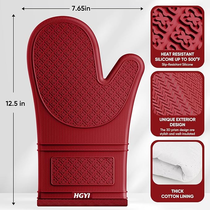 Silicone Oven Mitts, Heat Resistant Oven Gloves with Quilted Liner, Waterproof & Non-Slip Kitchen Mittens for Baking Cooking BBQ, 500°F, 12.5"-Red
