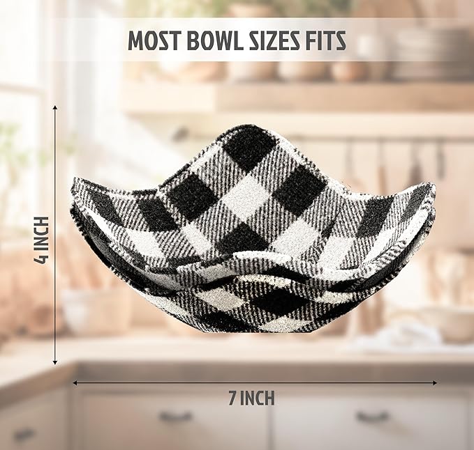 Set of 2 Microwave Bowl Cloth Hot Pads with Black and White in A Cage - Pot Holder or Microwavable Bowl Cozies - Protector for Heat Soup or Food Meals - Multipurpose Heat Resistant Plate Holders