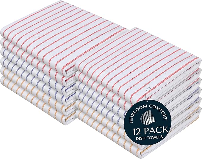 Multi Colors Kitchen Towels 12 Pack, 100% Cotton, Classic Striped Towel Set, Super Absorbent, Quick Drying Fabric for Drying Dishes - Red, Indigo Blue, Mustard Yellow