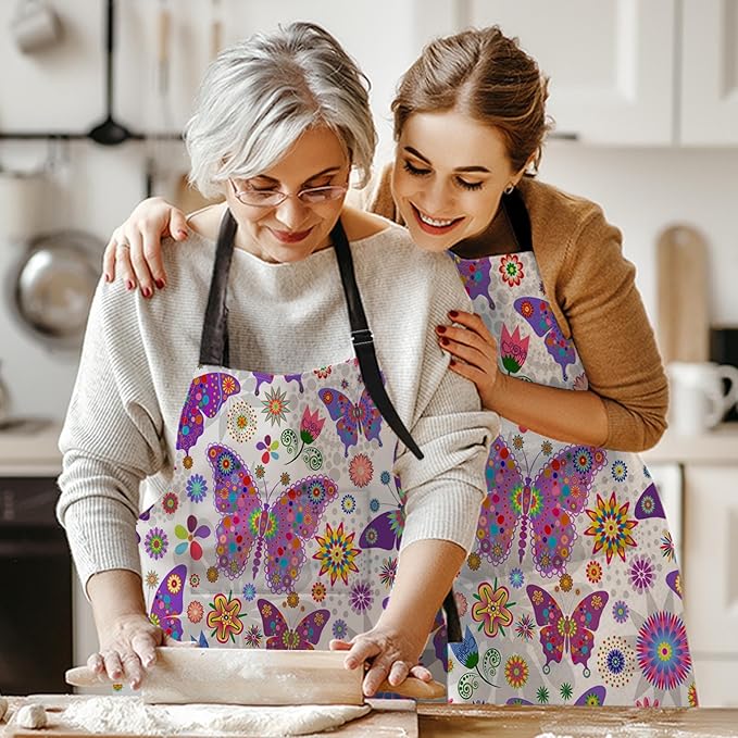 Britimes Butterfly Apron Floral Colorful Butterflies Flowers Aprons Kitchen Cooking Gardening for Women With Pockets
