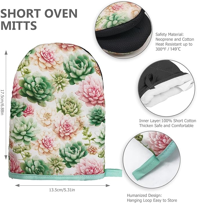 Succulents Oven Mitts, High Heat Resistant Kitchen Oven Gloves, Mini Silicone Oven Mitts, Non-Slip Grip Surfaces and Hanging Loop for Grilling, Baking, Cooking and Microwave, Gift