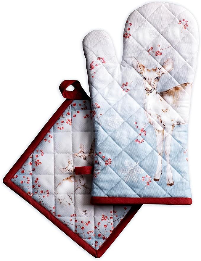 Maison d' Hermine 100% Cotton Oven Mitt & Pot Holder Set (7.5"x13" & 8"x8") Heat Resistant BBQ Cooking Gloves with Loop for Thanksgiving Christmas Decorations Handling Hot Pans (Fairy Tale Forest)