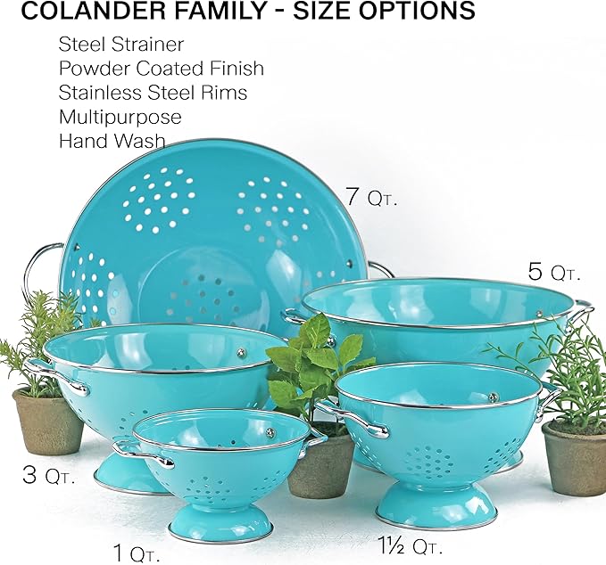Reston Lloyd, 1.5 Quart Powder Coated Steel Kitchen Strainer Basket for draining Pasta, Vegetable and Fruit, Chrome Handles and Wide Stable Base, Aqua-Blue