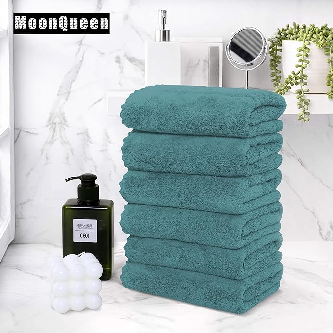 MOONQUEEN 6 Pack Premium Hand Towels - Quick Drying - Microfiber Coral Velvet Highly Absorbent Towels - Multipurpose Use as Hotel, Bathroom, Shower, Spa, Hand Towel 16 x 28 inches (Teal)
