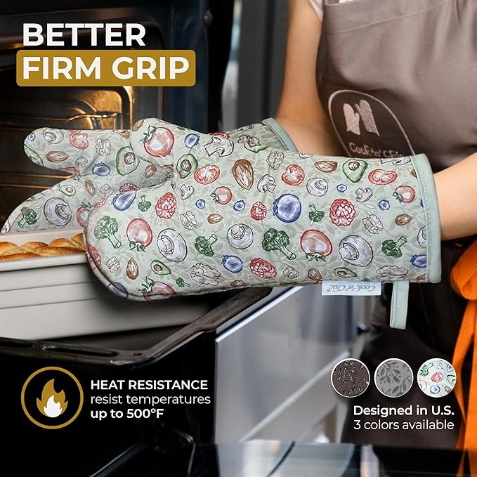 Premium Heat-Resistant Oven Mitts - Stylish and Beautiful - Non-Slip Platinum Silicone Grip - Long and Thick - 100% Natural Cotton Exterior and Soft Terry Cloth Lining - Cook'n'Chic Set of 2 - Green