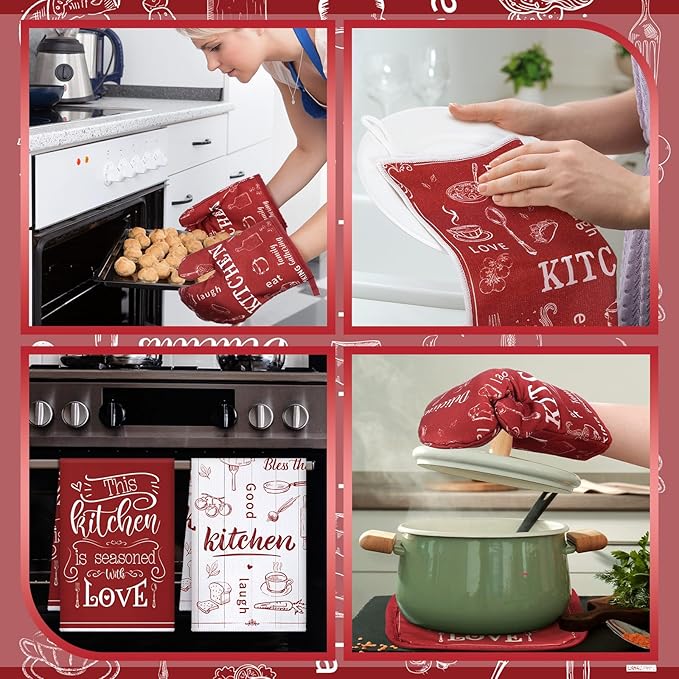 Bencailor 12 Pcs Farmhouse Kitchen Decor and Accessories Sets 4 Red Kitchen Towels 4 Absorbent Dishcloths 2 Pot Holders 2 Oven Mitts Gloves for Home Decor Mom Gifts