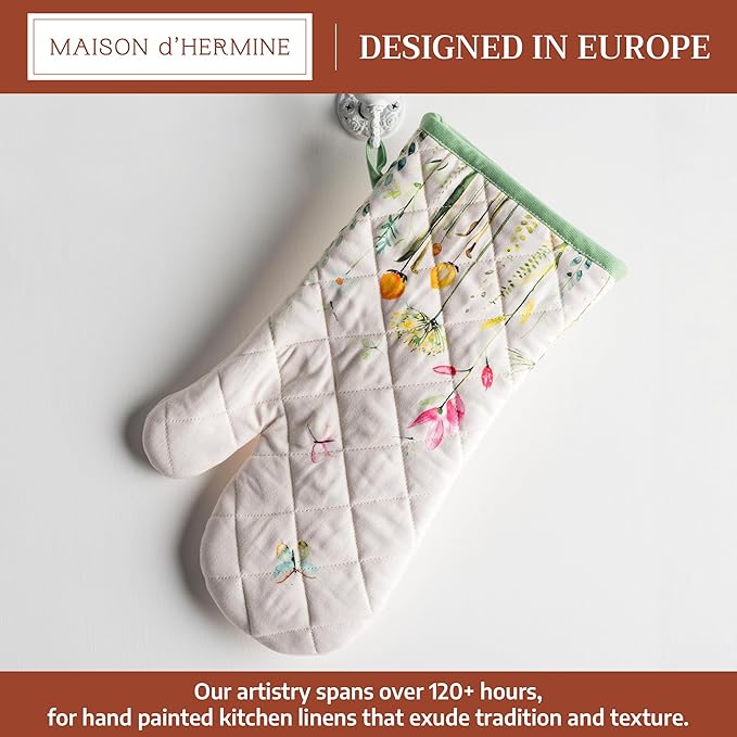 Maison d'Hermine Oven Gloves 100% Cotton Oven Mitt 7" x 13" with Loop Heat Resistant BBQ Cooking Gloves Baking Grilling Gifts for Mothers Day Spring/Summer (Pack of 1, Botanical Fresh)