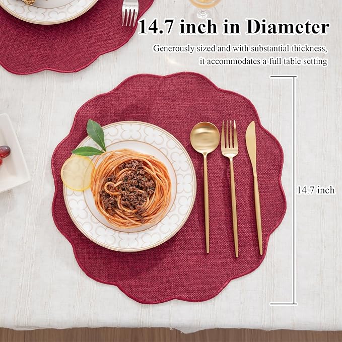 SHACOS Scalloped Round Placemats Set of 6 Polyester Linen Blend 15 inch Washable Non Slip Place Mats Easy Clean Heat Resistant Table Mats for Kitchen Dining Table Decor, Red