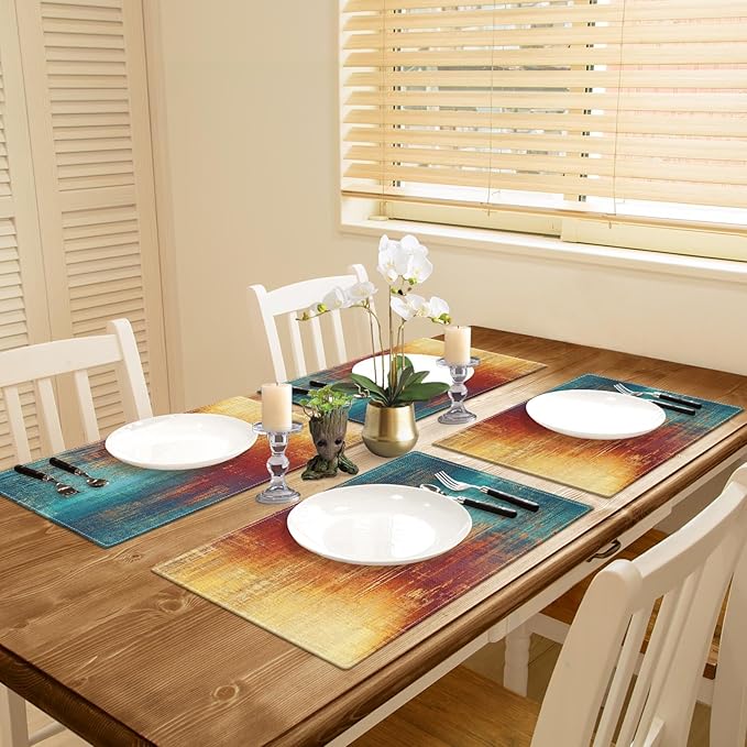 Emvency Farmhouse Placemats Set of 4, 12x18 Inch Blue and Orange Vintage Abstract Messy Rust Painting Table Mats for Outdoor Home Party Kitchen Dining Decoration