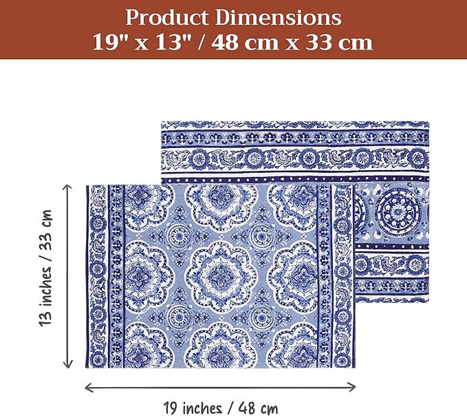Maison d' Hermine Placemats Set of 4 100% Cotton Washable Cloth Place Mats Reusable Table Mats for Kitchen Dining Party Wedding Gifts for Mothers Day Spring/Summer (Melodie Bleue, 13" x 19")