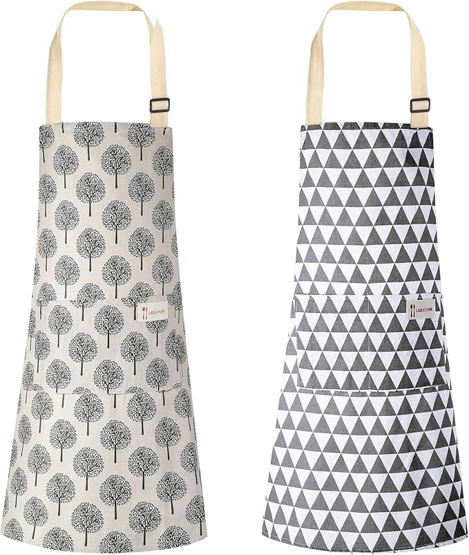 Syhood 2 Pack Aprons with 2 Pocket for Women Men Soft Linen Adjustable Bib Kitchen Cooking Apron for Chefs, Waiters, Baking(Gray Triangle Style)