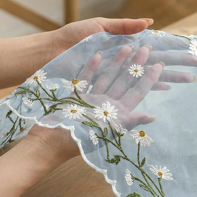Artoid Mode Daisy Floral Sky Blue Shaped Gauze Embroidery Table Runner 120 Inch 10FT, Tulle Spring Summer Kitchen Dining Table Decor for Home Party