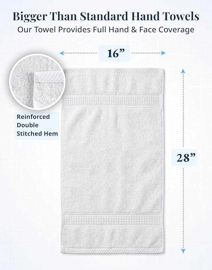 White Hand Towels for Bathroom - Pack of 6 (16"x28") 100% Cotton Hand & Face Towels - Soft, Durable, Quick Dry & Highly Absorbent, Fingertip Towel for Bathroom - Great for Gym, Salon, Spa & Family Use