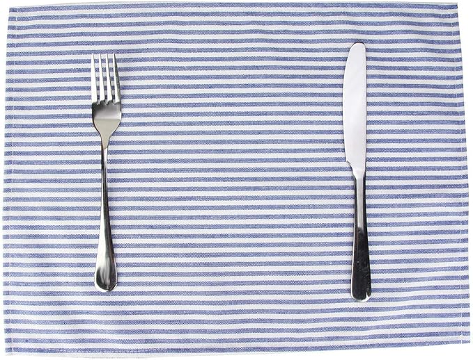 Plain Striped Cotton Linen Blended Dinner Cloth Napkins - Set of 12 (40 x 30 cm) - for Events & Home Use (Blue)
