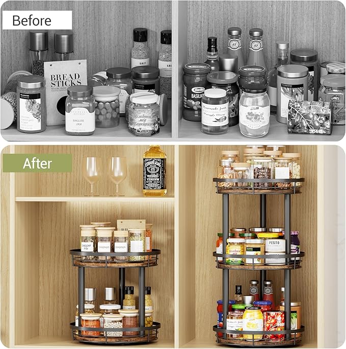 LAMU 10'' Wood Lazy Susan Spice Rack Organizer, 3 Tier Spice Organization for Cabinet, Countertop, Kitchen, Table Top, Pantry, Condiment and Seasoning Rack Organizer