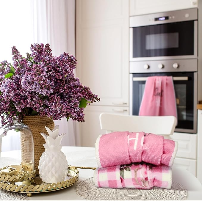 Tegeme 6 Pcs Hanging Kitchen Towels with Loop, Absorbent Hand Tie Towels Microfiber Decorative Fast Drying Kitchen Hanging Towel for Home Bathroom(Pink Rose)