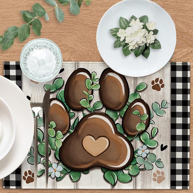 Cat Dog Paw Prints Placemats Set of 4, Eucalyptus Leaves Buffalo Plaid Dining Place Mats Table Decor, Farmhouse Flower Home Kitchen Decoration Pet Owner Lover Gifts 12''x18''