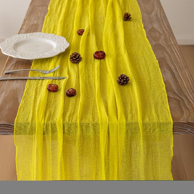 Keketoarrange 6pcs Yellow Gauze Rustic Cheesecloth Table Runner 120 Inch 10 FT for Wedding Baby Shower Bridal Shower Birthday Engagement Garden Outdoor Party Long Sheer Boho Decorations