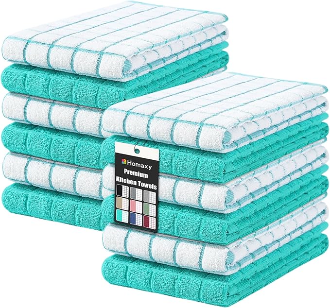Homaxy Premium Cotton Kitchen Towels 16"x 28", Large Natural Ring Spun 390 GSM Dish Towels, Super Absorbent Terry Kitchen Hand Towels, Soft Tea Towels with Hanging Loop, Aqua Check Design, 12 Pack
