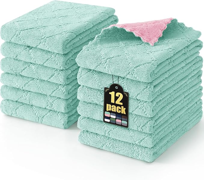 Mordimy 12 Pack Kitchen Towels (20" x 10", Green & Pink), Super Soft and Absorbent Dish Towels, Coral Velvet Microfiber Cleaning Cloth, Nonstick Oil Fast Dry Dish Cloths