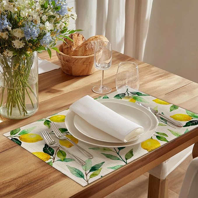 HOMETITUTE Linen Placemats Set of 4 12x18 inch Spring Table Mats for Dining Table Lemon Pattern Farmhouse Decorations Kitchen Decor Desk Mat for Outdoor Home Party Kitchen Seasonal Dining Decor