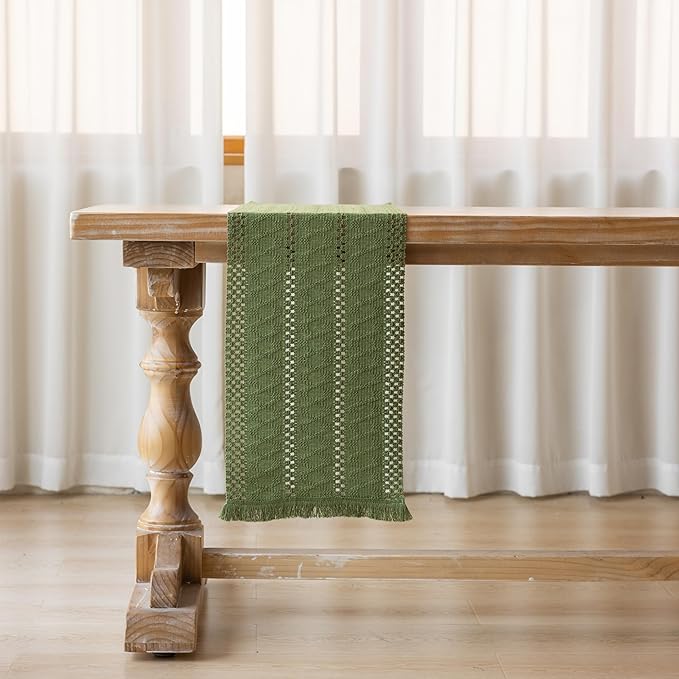 Keketoarrange Boho Sage Green Table Runner for Spring Home Decorations 12x90 Inches Farmhouse Macrame Woven Burlap Rustic Coffee Table Runner Dresser Scarf Dining Kitchen Centerpiece Bohemian Decor