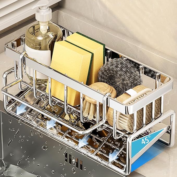 Sponge Holder for Kitchen Sink with Rag Holder, Kitchen Countertop Organizers and Storage Essentials, Rustproof Carbon Steel, Soap Dispenser Organize (White)