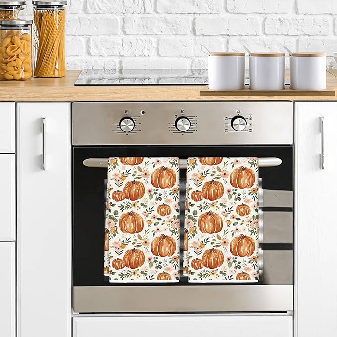 JarThenaAMCS Fall Kitchen Dish Towel 18 x 28 Inch Floral Pumpkin Dishcloth Rustic Autumn Farmhouse Hand Drying Tea Towel for Thanksgiving Cooking Baking, Set of 2