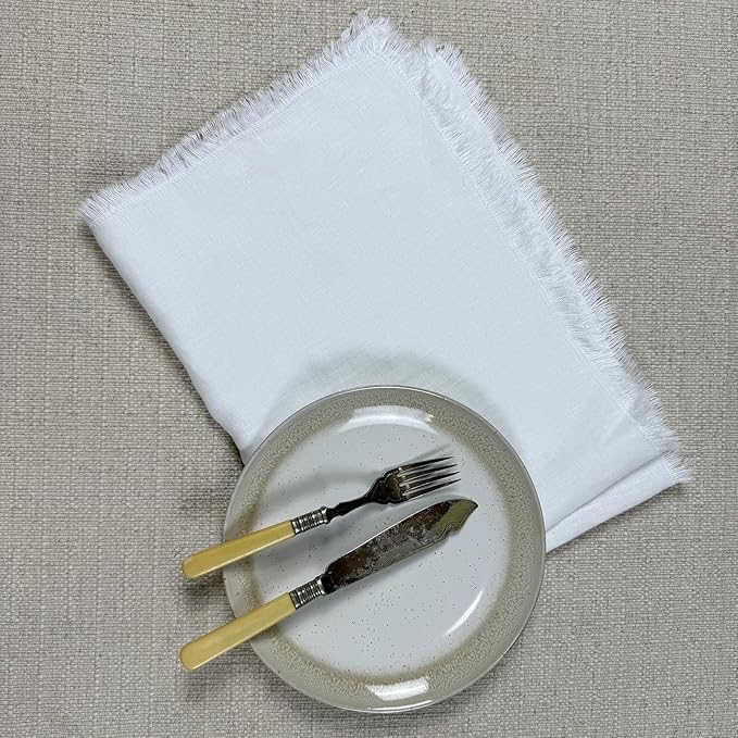 100% Pure Linen Kitchen Towel Set, Includes 2 Towels, 20" x 27", Handcrafted with Hanging Loop and Fringe Design (White)