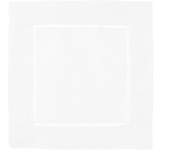 CleverDelights White Hemstitch 6" Cocktail Napkins - 12 Pack - 55/45 Linen Cotton Blend