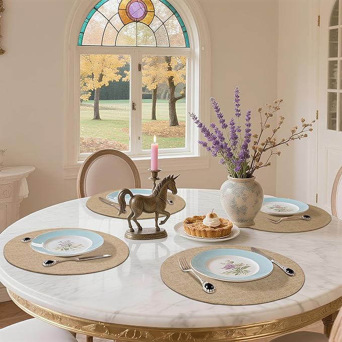 homing 15 Inch Round Cloth Placemats Set of 8, Cotton Linen Blend Washable Table Mats, Farmhouse Dining Place Mats for Indoors & Outdoors, Easy to Clean, Linen