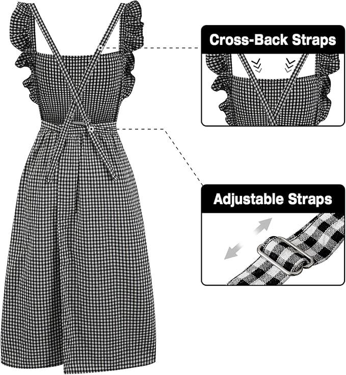 Vintage Gingham Apron for Women, Ruffle Straps, 2 Pockets, Soft Cotton, Apron Dress Style for Cooking & Baking