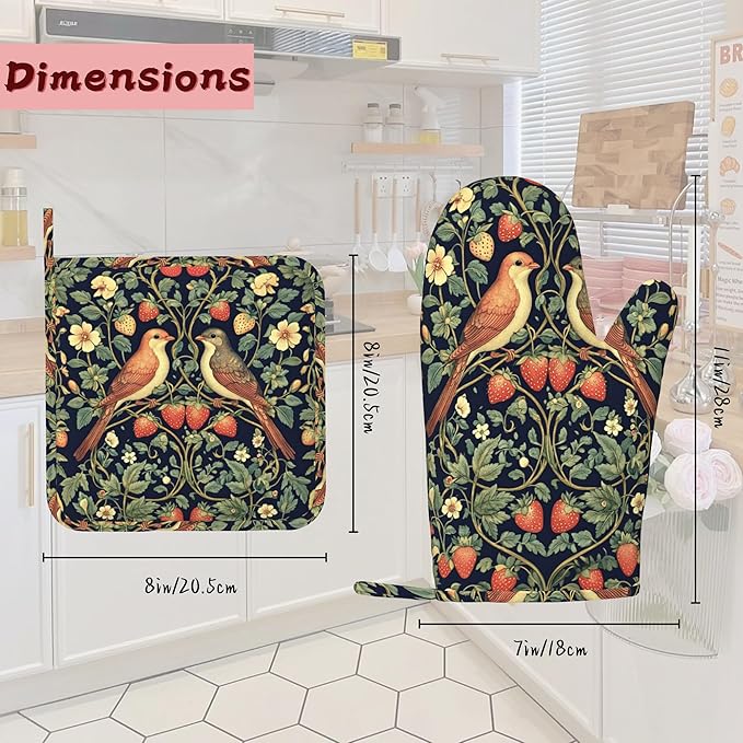 Retro Strawberry Bird Plant Flower Silicone Oven Mitts and Pot Holders,Heat-Resistant 4 Piece Kitchen Set Non-Slip Oven Gloves and Hot Pads for Cooking, Baking, Grilling,BBQ
