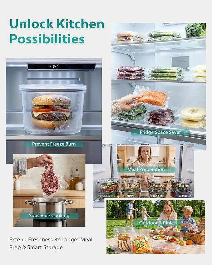Dual Pump Vacuum Sealer for Food Storage & Sous Vide, Handle Lock, Double Heat Seal 5mm Wide, Built-in Cutter & Bag Roll Storage, External Vacuum Port, Dry/Moist Modes, Starter Kit Included