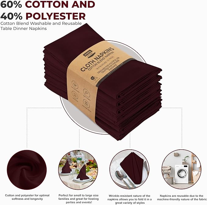 Utopia Kitchen Burgundy Cloth Napkins [12 Pack, 18x18 Inch] Absorbent Cotton Blend Washable and Reusable for Dinner, Restaurant, Lunch, Wedding and Hotel
