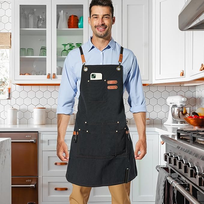 Canvas Work Apron,Cross Back Aprons for Men,Women,Cooking,Carpenter,Woodworking,Chef,BBQ,Grilling,Bartender