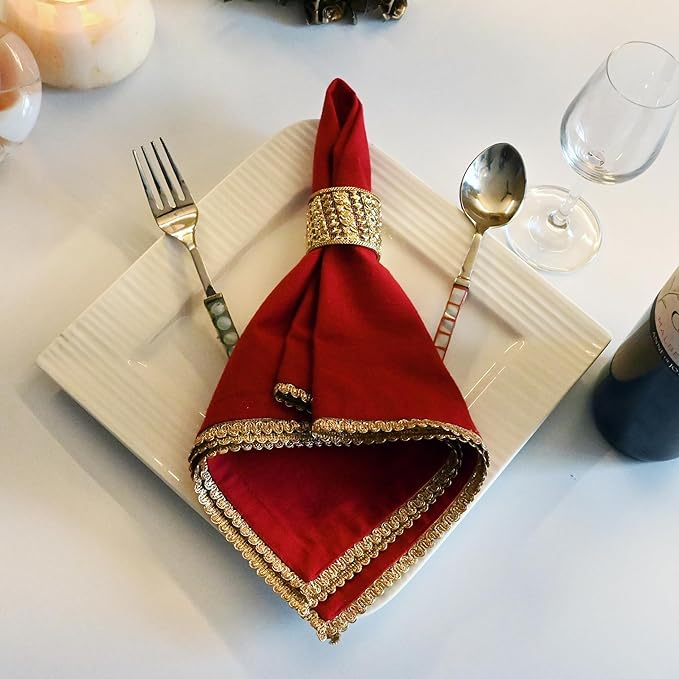 FINGERCRAFT Dinner Cloth Napkin Cotton Blend 12 Pack Mitered Corners with Elegant Golden Lace for Everyday Use Napkins are Pre Shrunk and Good Absorbency Wedding Christmas Special Color Tango Red