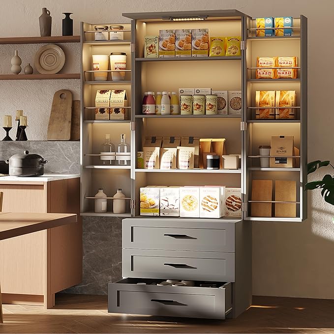 FJTJBSI 72" LED Kitchen Pantry Cabinet with 3 Drawers Farmhouse Tall Storage Cabinet Wood Food Pantry with Barn Doors and Adjustable Shelves Versatile Storage Freestanding Cupboard for Kitchen