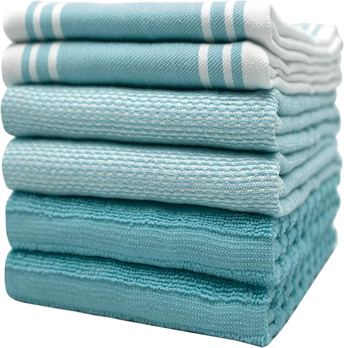 Premium Kitchen Towels (20”x 28”, 6 Pack) | Large Cotton Dish Towels | Flat & Terry Highly Absorbent Kitchen Linen Set with Hanging Loop | Wide Stripe Aqua